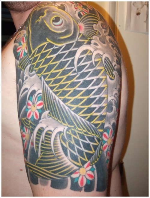 Awesome Man Left Half Sleeve Carp Fish Tattoo